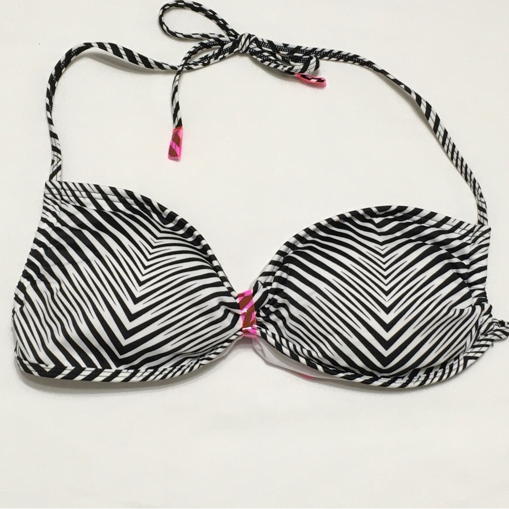 TYR Women's L Zig Zag Black White Tunnel Bandeau Swim Bra w/ Pads Top
